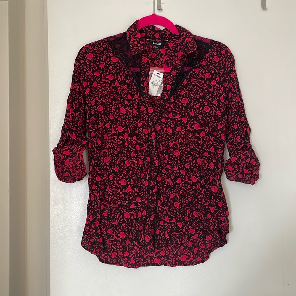 NWT Express Red and Black Floral Lace Button Down Shirt